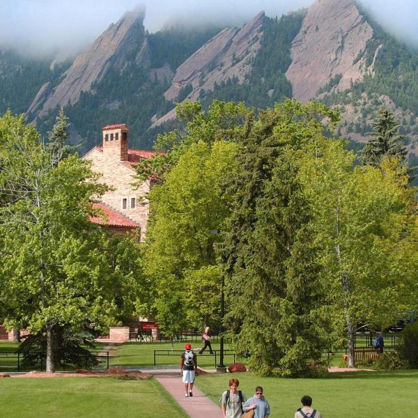 Norlin Quad in front of the Flatirons.