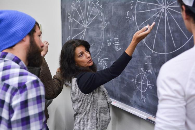 Female instructor demonstrating applied math concept on chalkboard to two students
