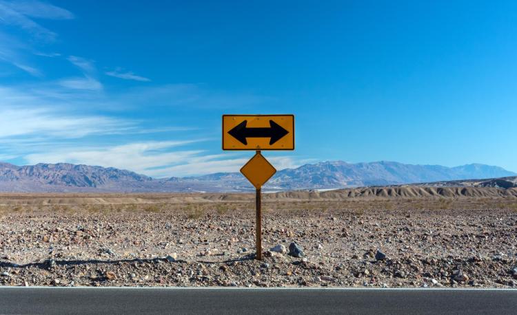 Road sign points left and right, with desert in the foreground and mountains in the background