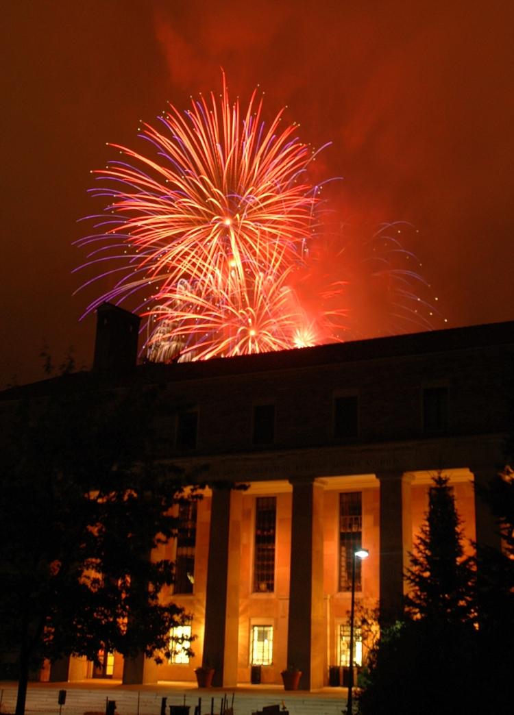 Folsom Field fireworks seen from Norlin Library.