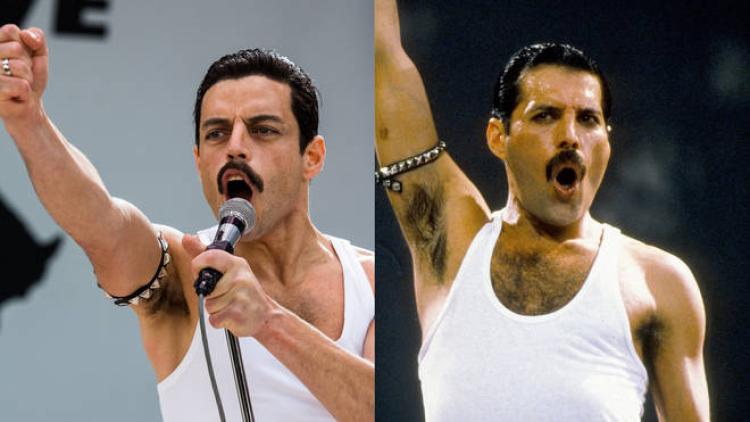 A aide-by-side comparison between Queen and Rami Malek, who starred as Freddi Mercury in "Bohemian Rhapsody"