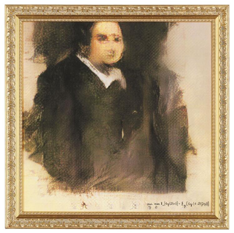 An AI-generated portrait of a man, a work titled "Edmond de Belamy"