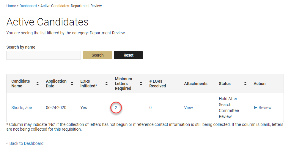 screen shot of search committee portal