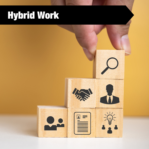 hybrid work tile with building blocks on a table and icons on those blocks