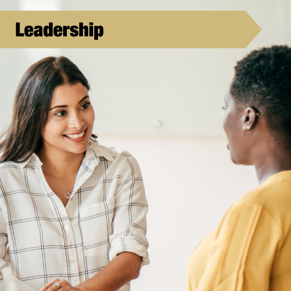 leadership tile with a photo of 2 people talking