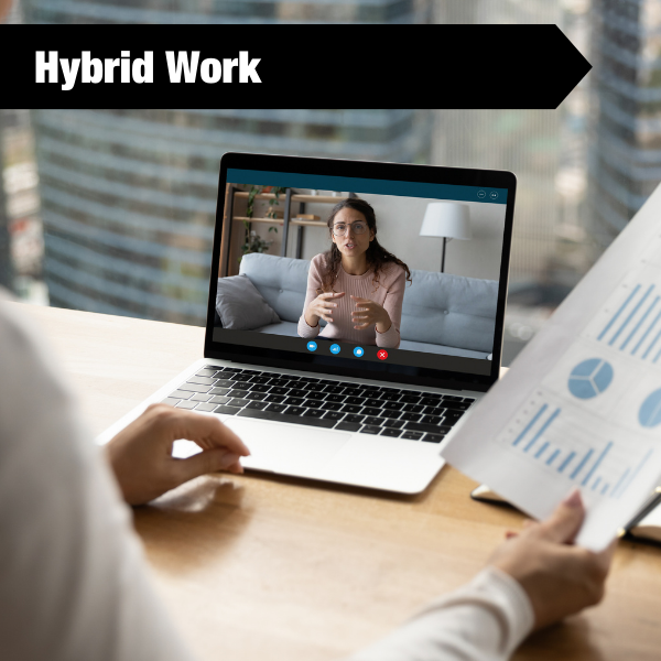 hybrid work tile with a virtual call happening on someone's laptop