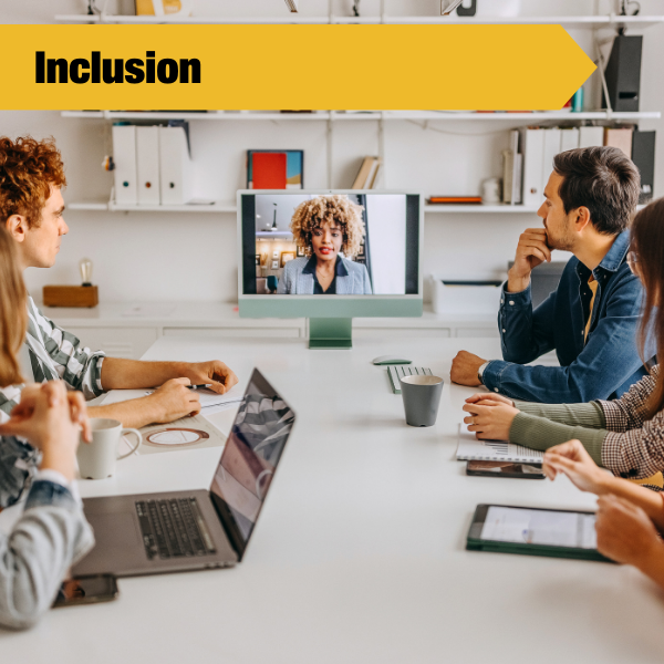 inclusion tile with people sitting at a large table looking at virtual participants