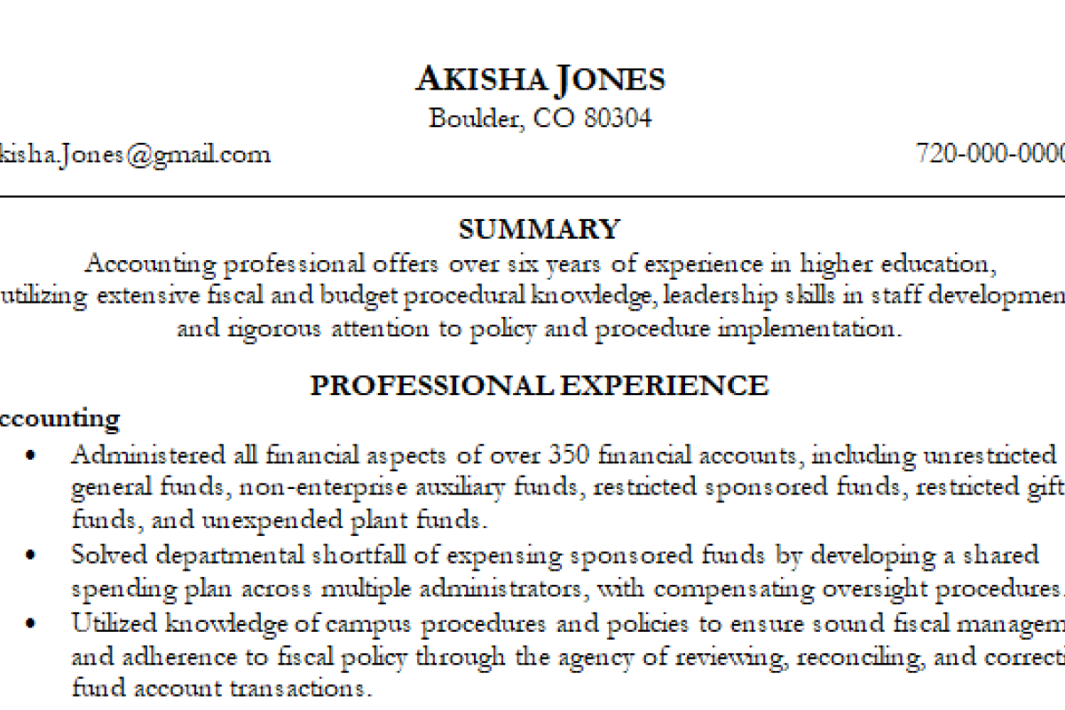 screenshot of sample resume