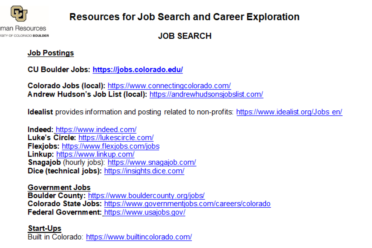 screenshot of resources for job search handout
