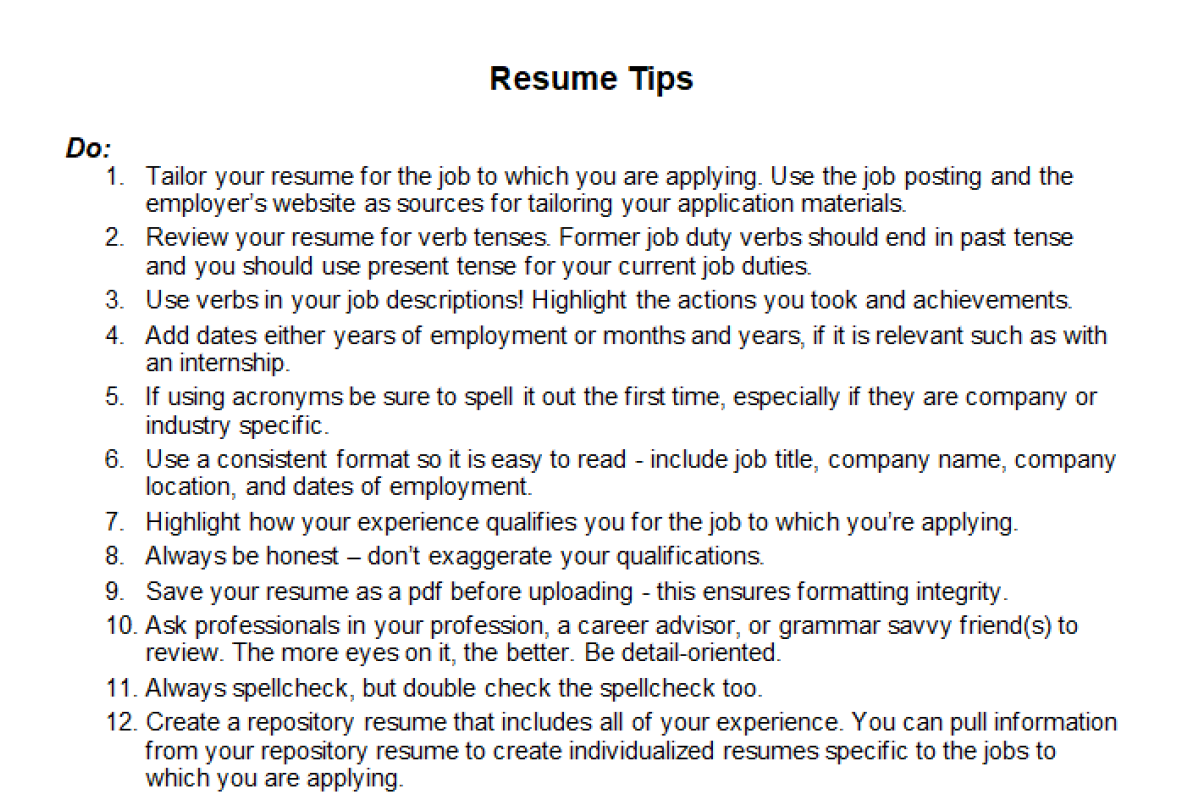 screenshot of resume tips handout