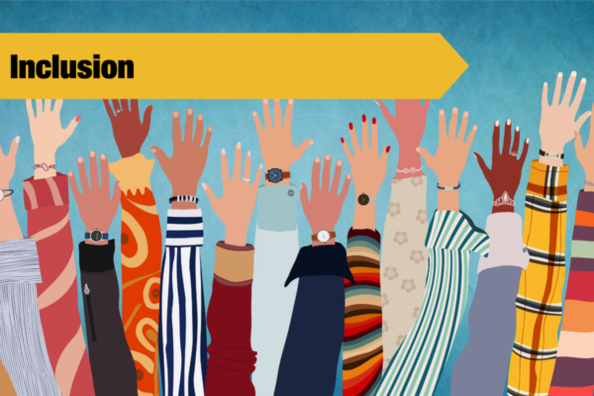 animation of raised hands with inclusion banner