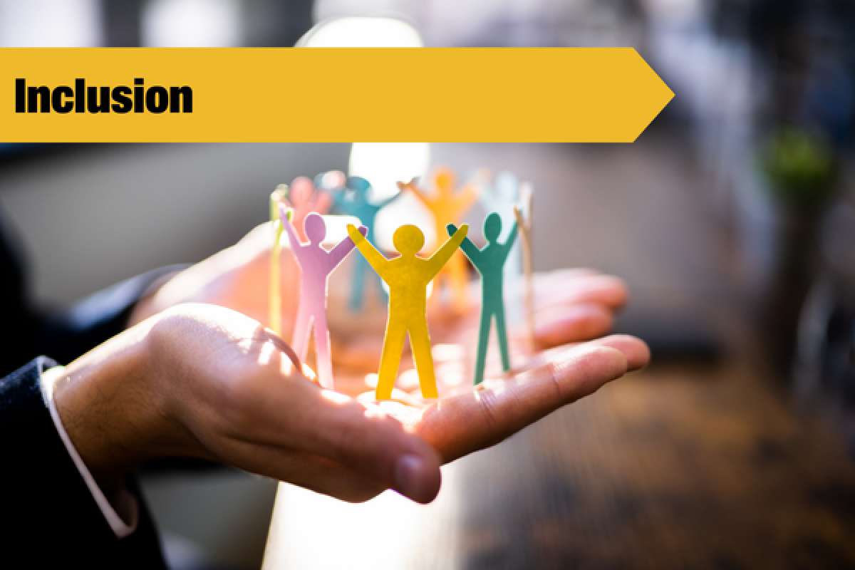 open hands holding paper structure with inclusion banner