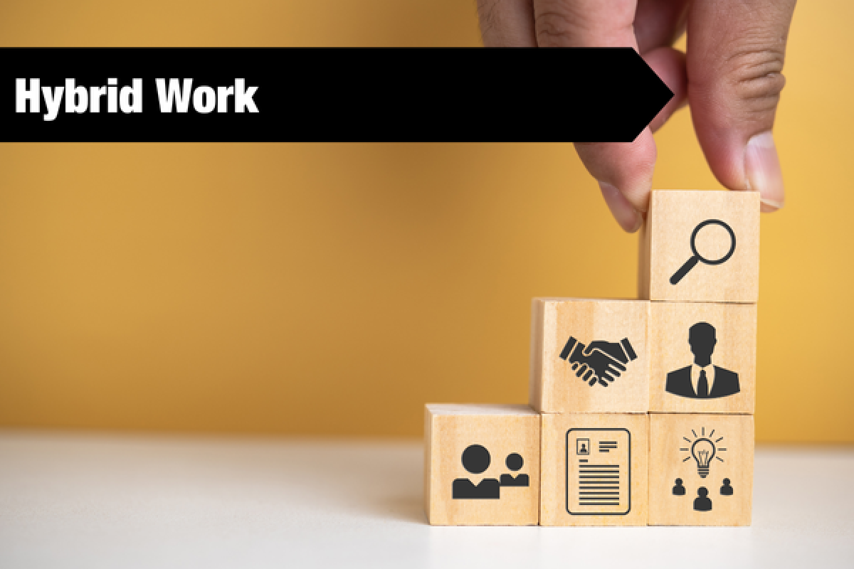 wooden blocks with hybrid work banner