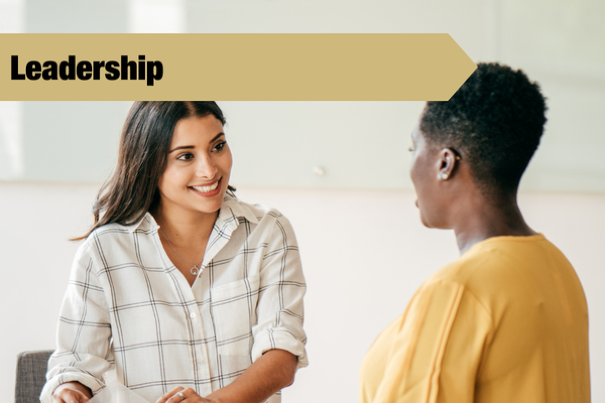2 people talking with a leadership banner at the top