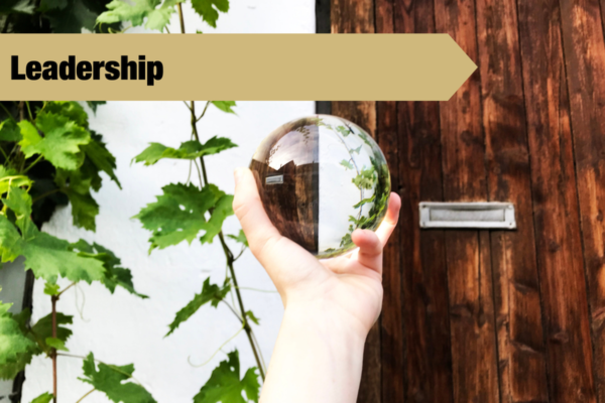glass orb showing swapped views of the background with leadership banner