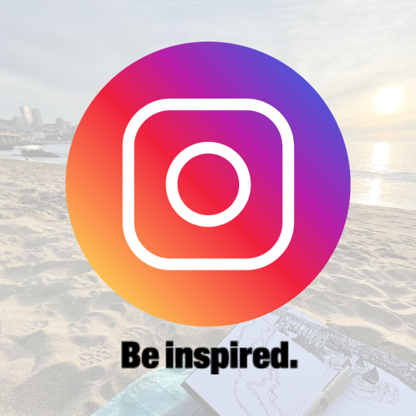 Instagram Logo with Be Inspired underneath semitransparent background of a beach