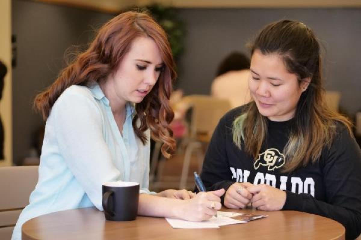 two people in an advising session at a table