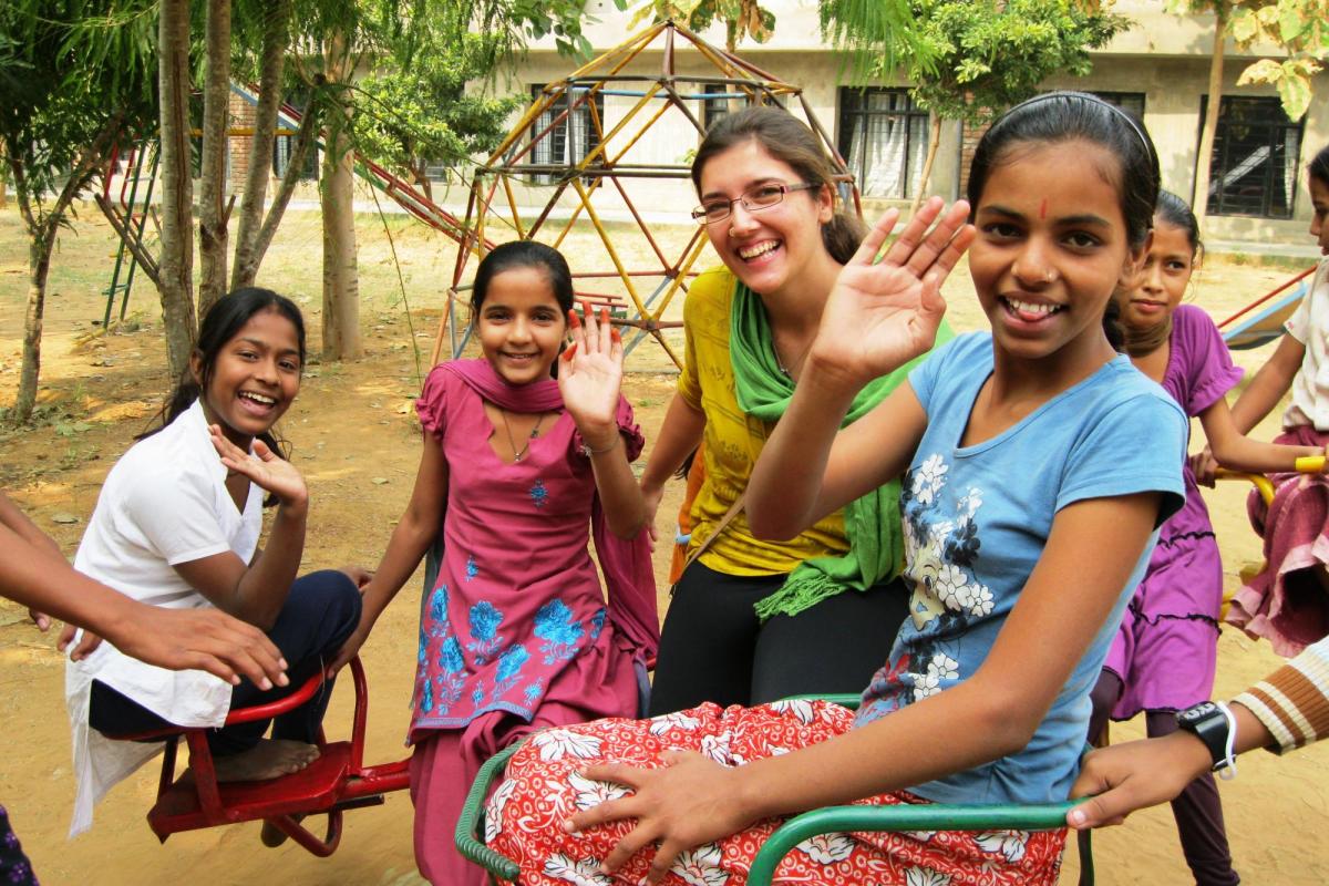Renee with students in India