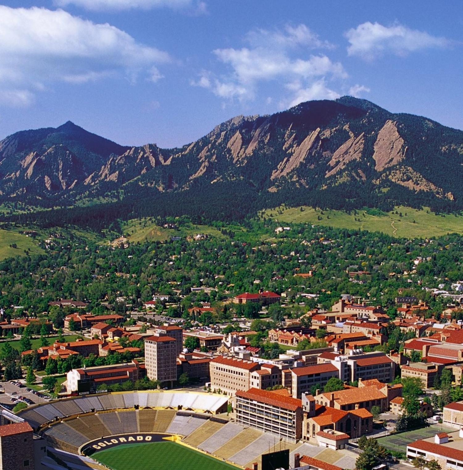 arial view of CU Boulder campus with the flatirons in the background