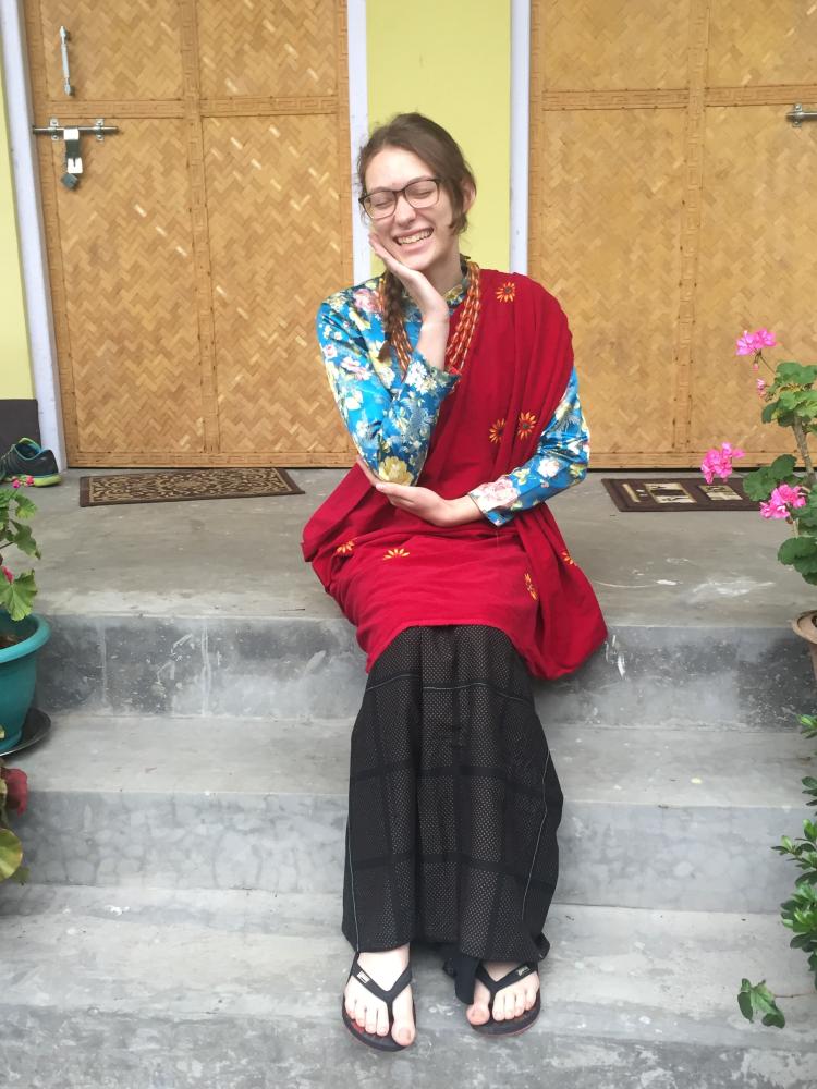 Kayla Malcy wearing her host family's traditional Gurung dress.