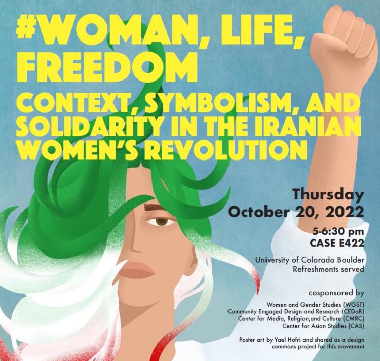 woman with green, white, and red hair, fist raised, with event title and information