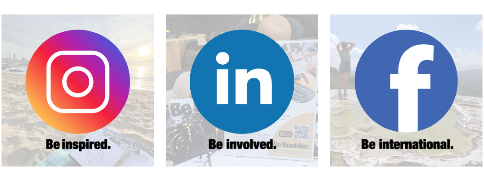 three squares with various backgrounds, social media icons, and text.
