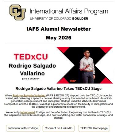 screenshot of May 2025 IAFS alumni newsletter content