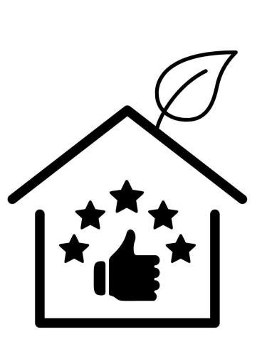 house graphic with leaf as a chimney, thumbs up and stars in the middle.