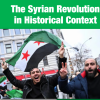 graphic with The Syrian Revolution In Historical Context title, two men holding a Syrian flag walking on a street.