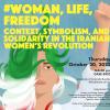 woman with green, white, and red hair, fist raised, with event title and information