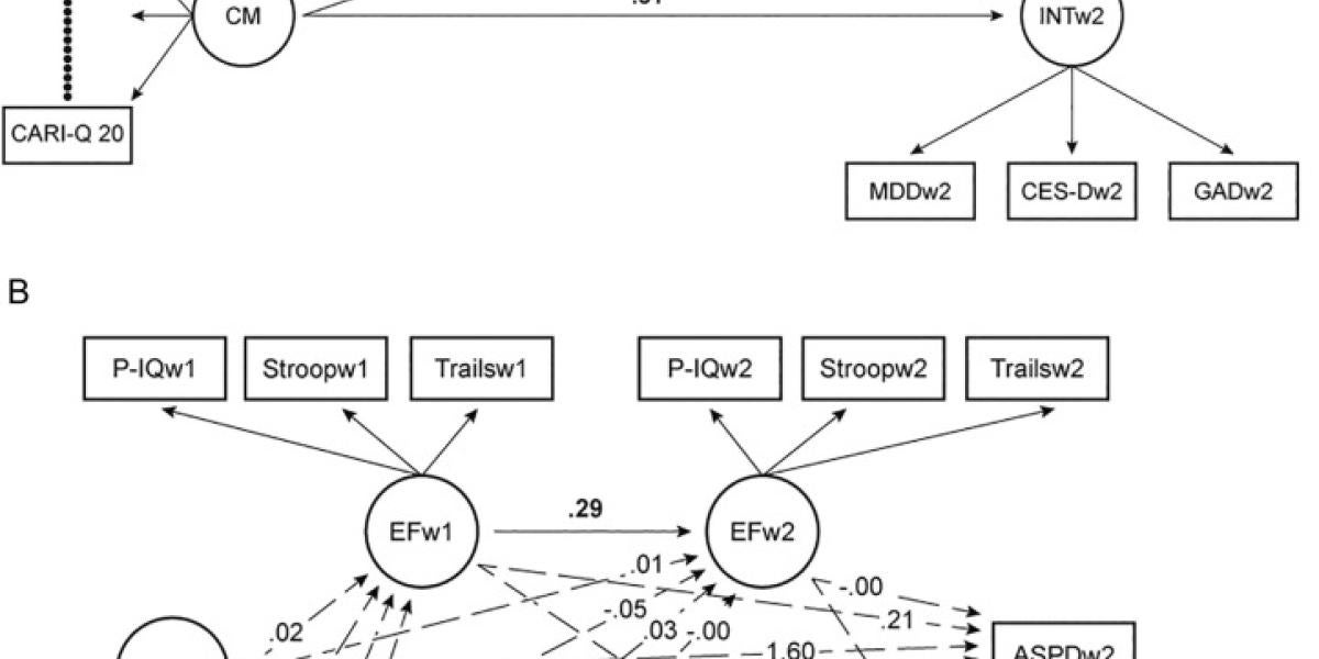 Shows the underlying structural equation model for the mediation analysis of Model 1 and 2 along with path coefficients