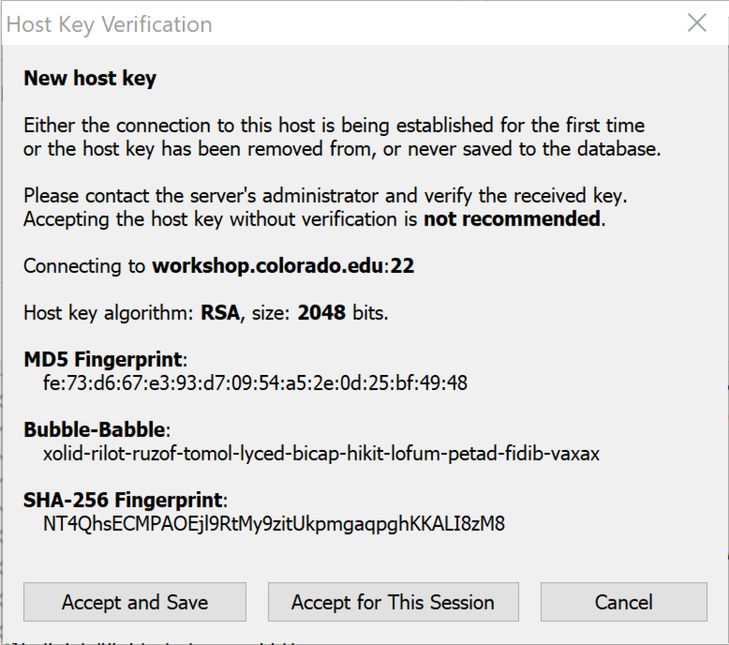 The Host Key Verification window