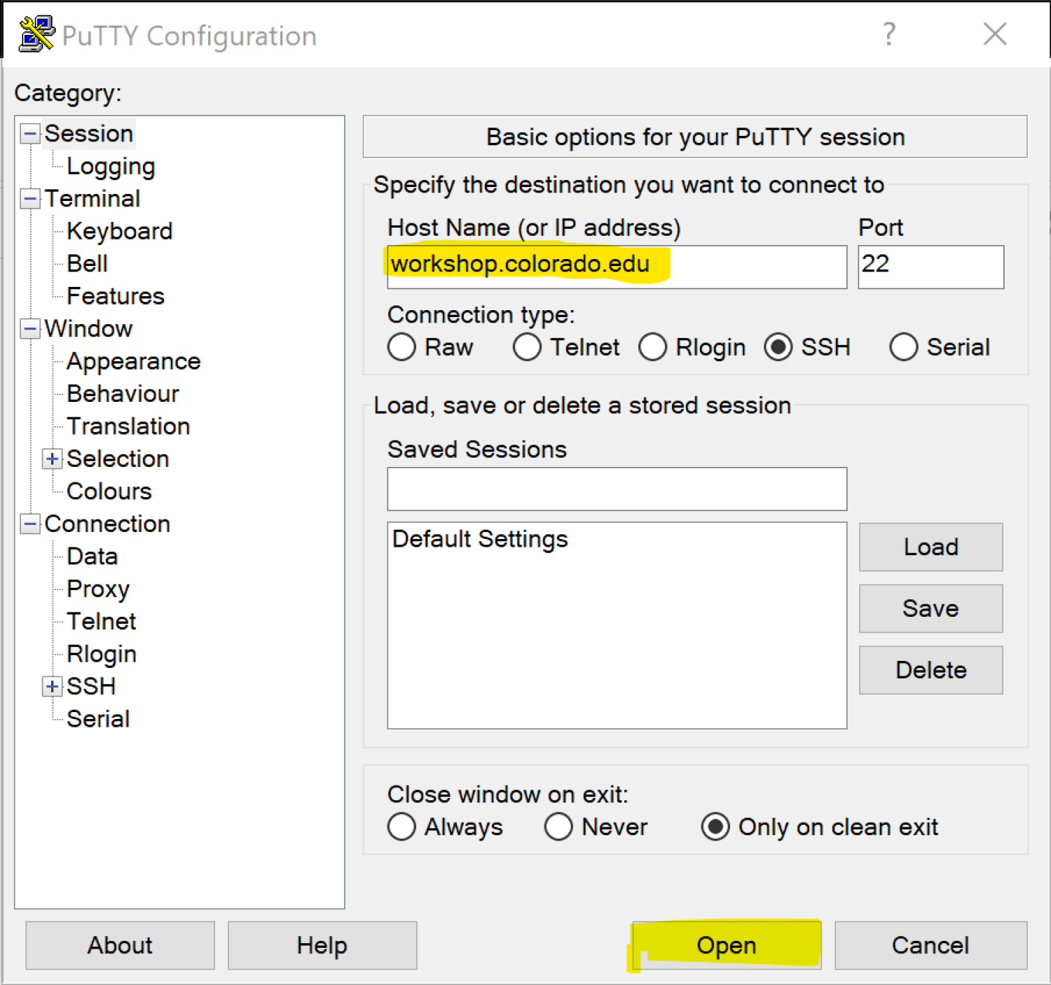 The PuTTY configuration window