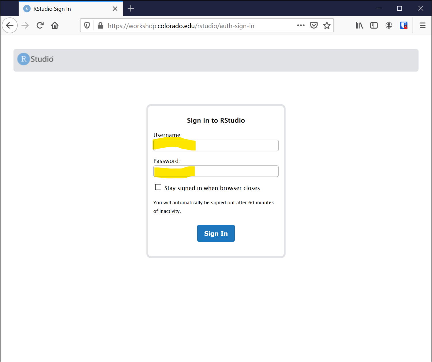 RStudio authentication page