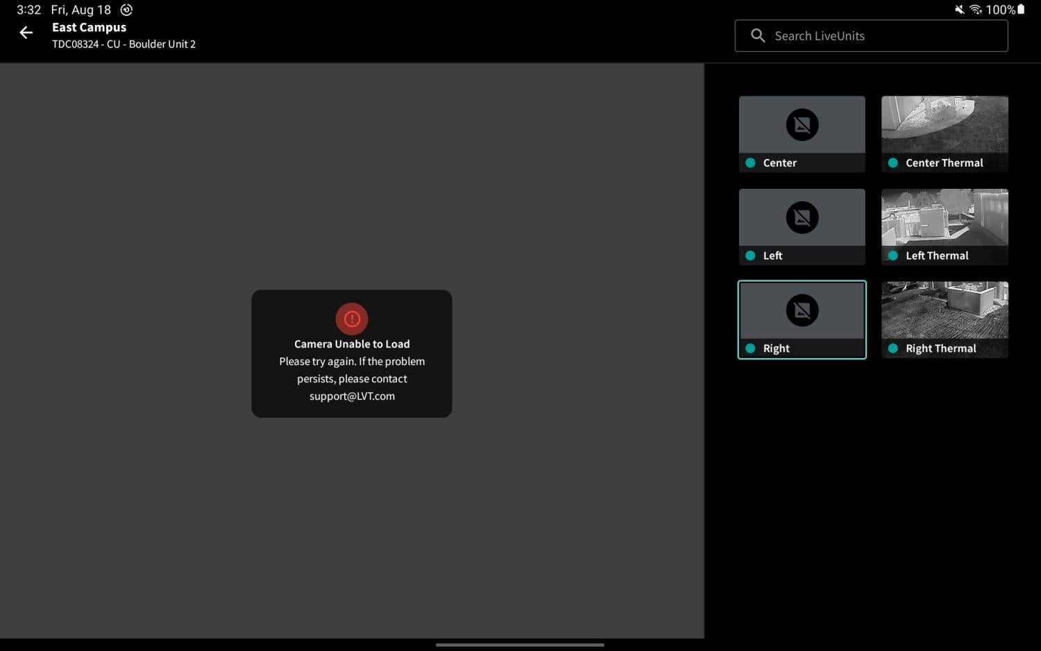 LVT app showing an error