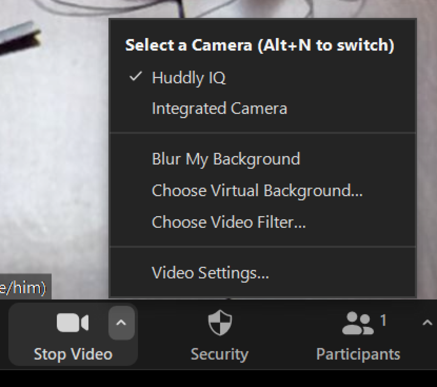 The Zoom video selection menu