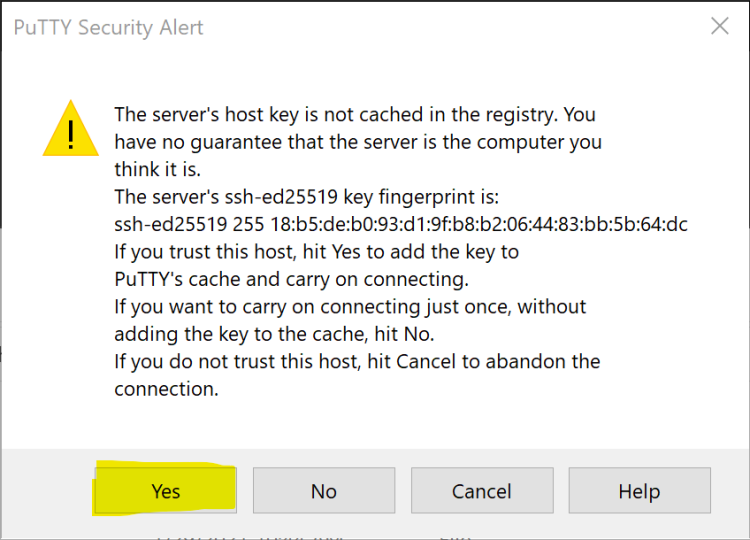 The PuTTY Security Alert window