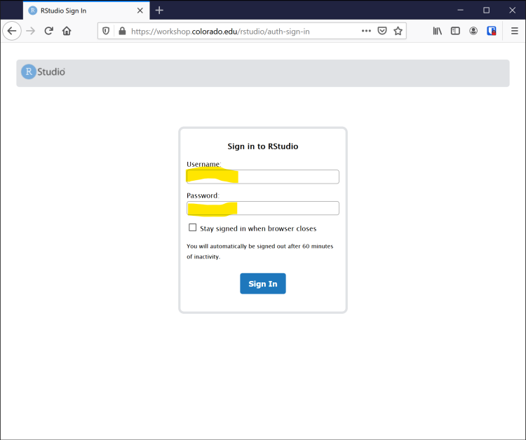 RStudio authentication page