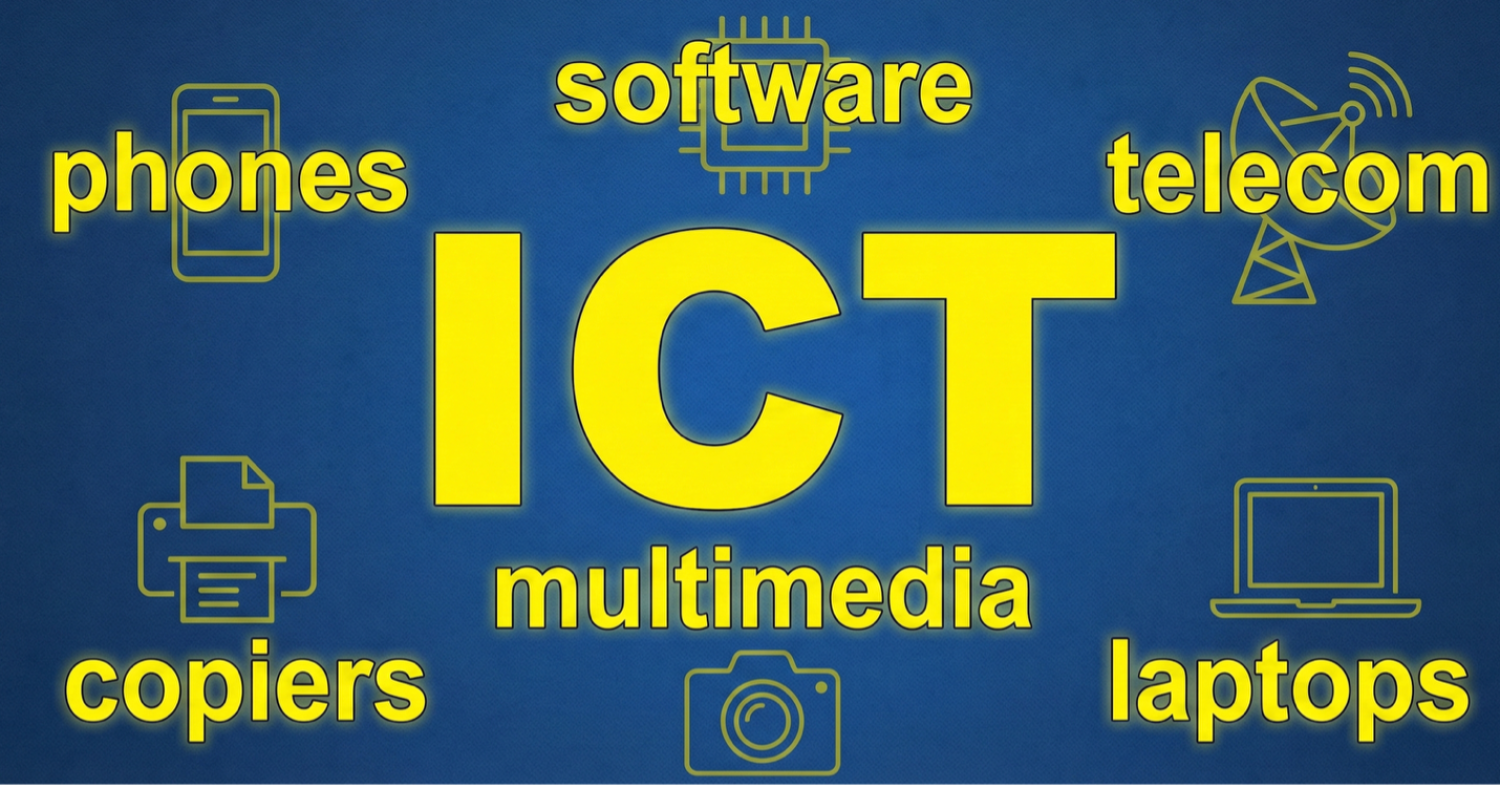 Image of text related to ICT including the words "phones, software, telecom, copiers, laptops"