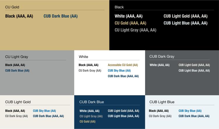 CU Boulder color combinations that meet WCAG accessibility standards for large (14pt and above) and small text.