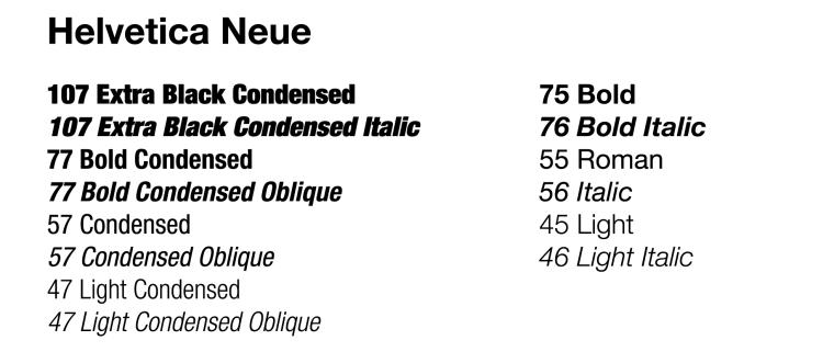 Helvetica Neue and Helvetica Neue Condensed font weights.