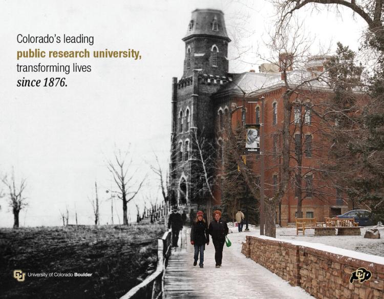 A print ad featuring an image that blends a historic Old Main photo with a recent photo. The spread includes the value proposition statement, the CU Boulder lockup, and the Ralphie mark.