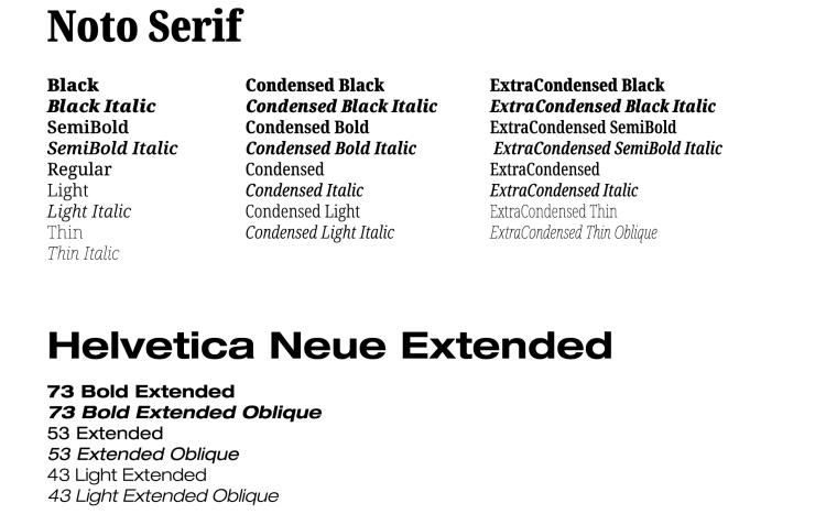 Options for the Noto Serif and Helvetica Neue Extended fonts