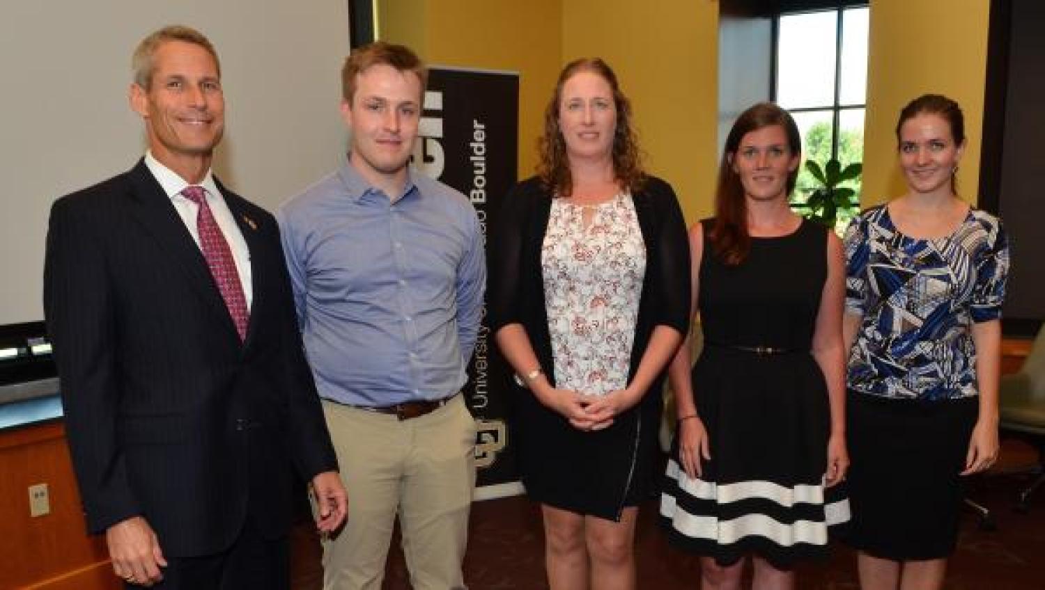 Lockheed Martin Chief Technology Officer Keoki Jackson met with several students working on Lockheed Martin-supported research projects. From left to right: Keoki Jackson, Andrew Wylde, Lt. Col. Diana Loucks, Caitlyn Cooke and Paige Anderson Arthur.
