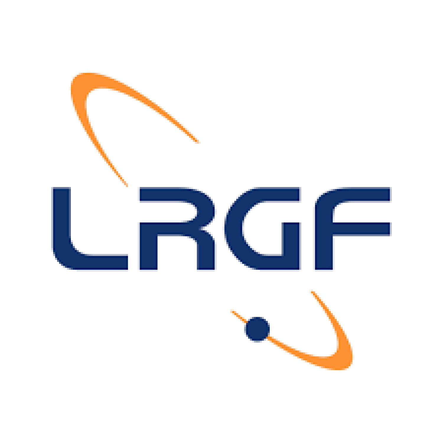LRGF logo with blue writing and a orange shape above and below the logo
