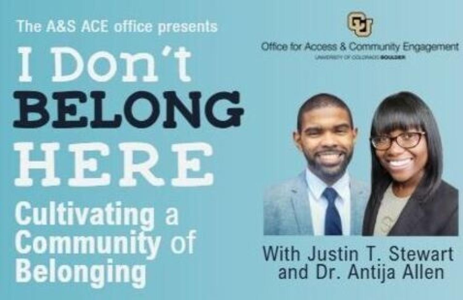 "I don't belong here" written on the left side and two people smilin.