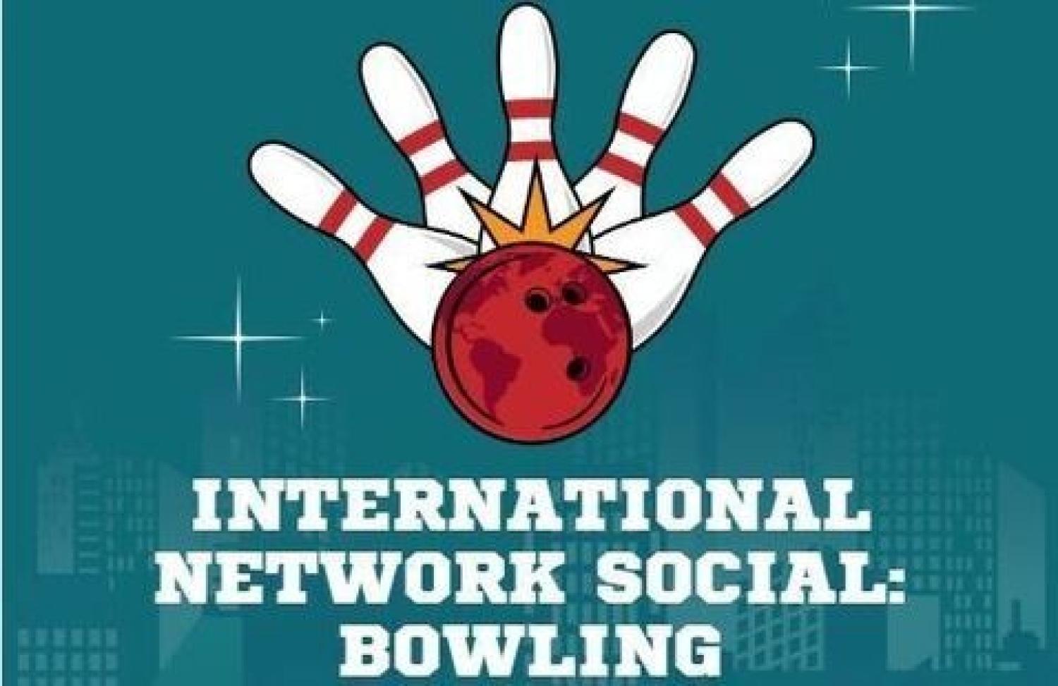 International Network Social Bowling written at the bottom and 5 bowling pins with a bowling ball in the center.