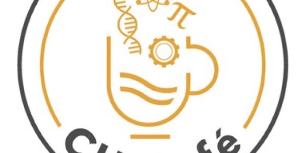 Logo is a circle with a black and gold outline. CU Cafe is written inside the circle at the bottom. There is a cup in the middle with an illusion of "steam" but it has a DNA symbol, a Pi symbol and other STEM related symbols.