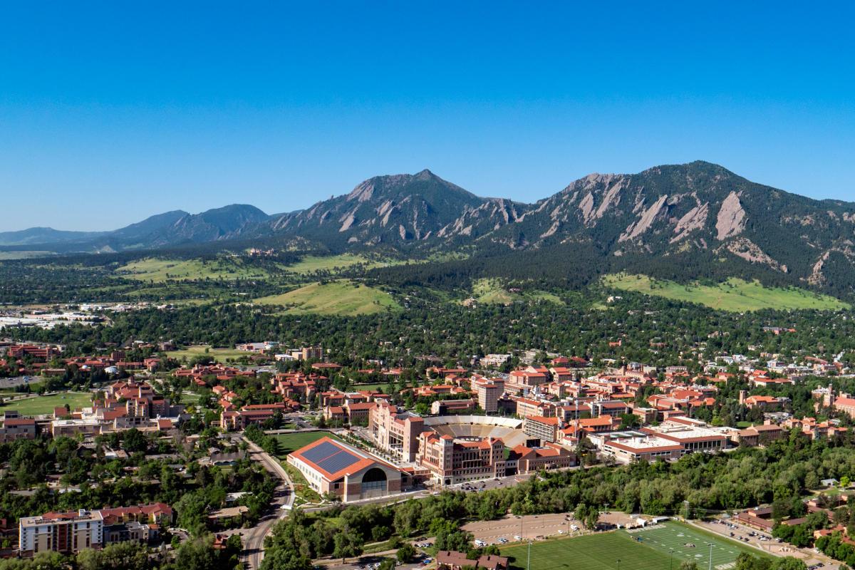 an aerial view of the CU Boulder campus and flatirons