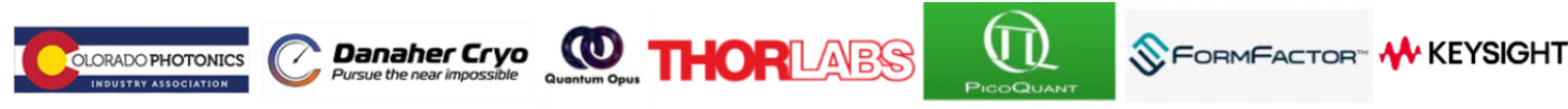 Logos of our partners. In order: Colorado Photonics Industry Association, Danaher Cryo, Quantum Opus,Thorlabs, PicoQuant, FormFactor and Keysight